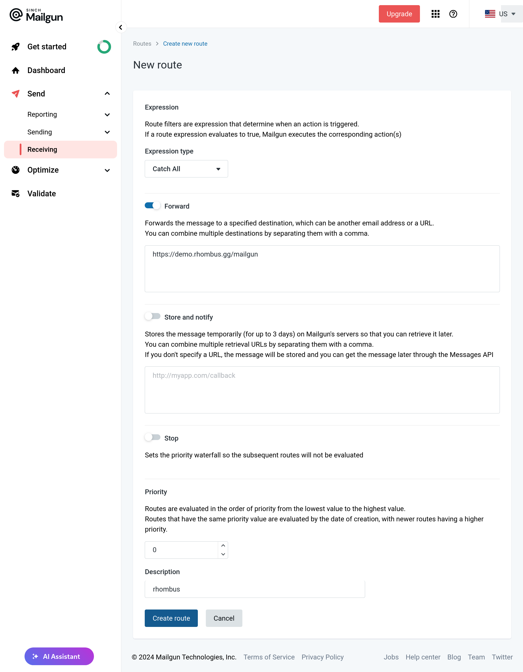 Creating a route in the Mailgun dashboard